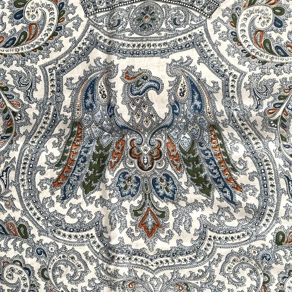 Beautiful Paisley Bird motifs Boho Large Silk Scarf in Blue, Green, Orange 30”